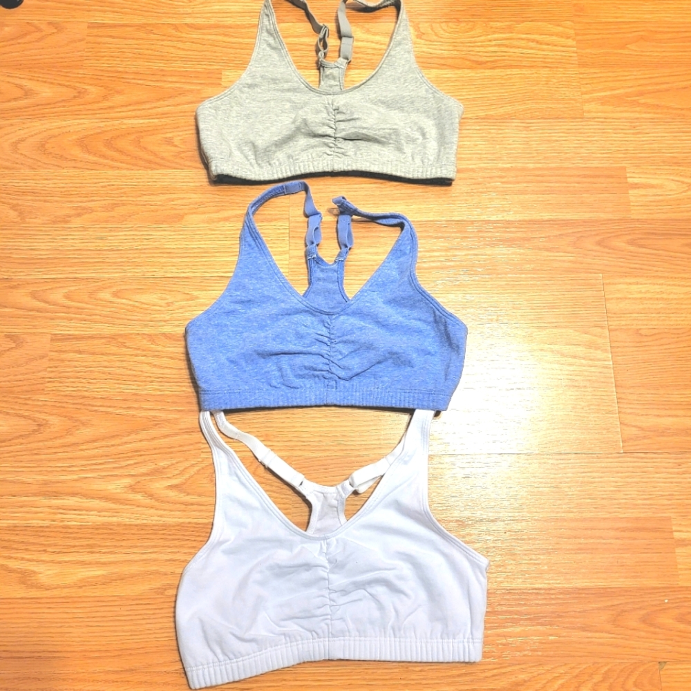 Fruit of the Loom 3 Pair Shirred Front  Sports Bras. Size 34. Gray, blue, white